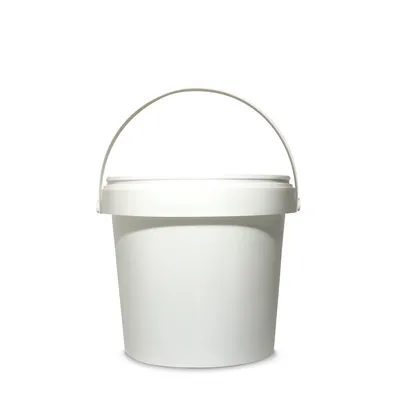 Plastic bucket vector illustration of 3d realistic white container for mockup model of brand package with lid and handles for painting, putty or primers and food design